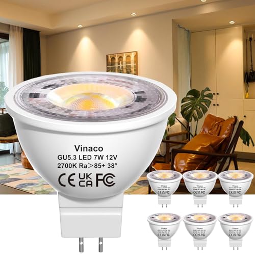 Vinaco LED Glühbirne MR16 2700K Warmes Weiß, 6er Pack Langlebig GU5.3 LED 12V 70W Ersatz, Flimmerfrei 700LM MR16 7W, Nicht Dimmbar MR 16 GU5.3 38°-Strahler für Innen- und Außenanwendungen von Vinaco