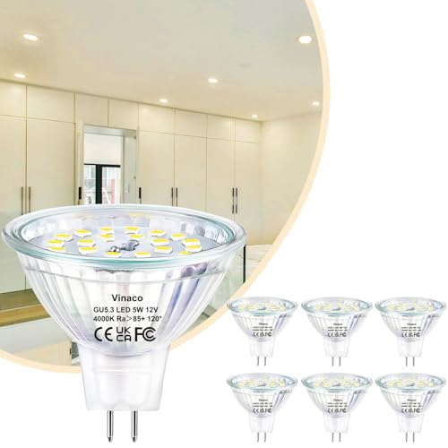 Vinaco MR16 GU5.3 LED 12V 5W (Gleich 50W), 6 Pack GU5.3 LED 4000K Neutralweiß 120° Flutend, Kein Flimmern 550LM GU 5.3 Bi-Pin Sockel, Nicht Dimmbar CRI85+ Reflektorglas MR16 12V Für Innen und Außen von Vinaco