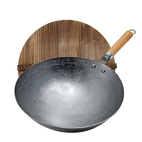 Hand gehämmert wok, chinesischer Wok,Traditioneller Handgehämmerter Wok Aus Karbonstahl Mit Griff Aus Holz Und Stahl Chinesische Woks (Rundboden) 1,8 Mm Dick Wok Mit Deckel,32cm von Vinbcorw