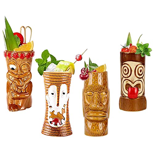 Tiki Becher -Strand Party Dekoration - Cocktail-Set, 4 Stück, Keramik, Cocktailbecher, Tiki-Tassen, hawaiianische Party, niedliche, exotische Cocktailgläser, hawaiianische Tiki-Tasse,Q1 von Vinbcorw