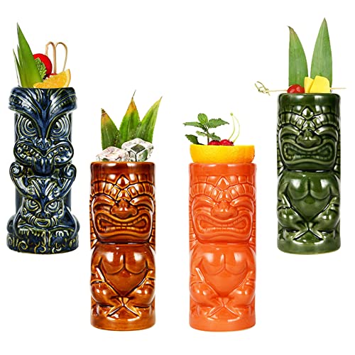 Tiki Becher -Tiki Mugs - Cocktail-Set, 4 Stück, Keramik, Cocktailbecher, Tiki-Tassen, hawaiianische Party, niedliche, exotische Cocktailgläser, hawaiianische Tiki-Tasse,Q3 von Vinbcorw
