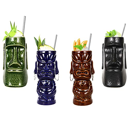Tiki Becher -Tiki Mugs - Cocktail-Set, 4 Stück, Keramik, Cocktailbecher, Tiki-Tassen, hawaiianische Party, niedliche, exotische Cocktailgläser, hawaiianische Tiki-Tasse,Q6 von Vinbcorw