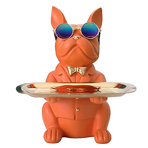 Vinbcorw Coole Bulldogge Skulptur Französisch Statue mit Edelstahl Tablett, Statue, Tischdekoration, Mode, Heimtextilien, Multifunktion, Schreibtisch Lagerung (B, Orange) von Vinbcorw