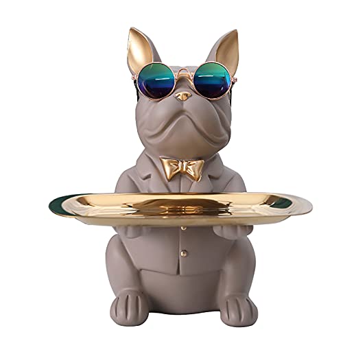 Vinbcorw Coole Bulldogge Skulptur Französisch Statue mit Edelstahl Tablett, Statue, Tischdekoration, Mode, Heimtextilien, Multifunktion, Schreibtisch Lagerung (B, grau) von Vinbcorw