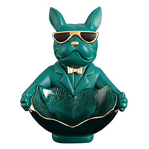 Vinbcorw Französische Bulldogge Figur mit tablett Edelstahl,Tischdekoration skulptur deko,schlüssel Schale Statue Kleinteile, Behälter, obstschale,Schlüsselbonbons Organizer,Grün,H von Vinbcorw