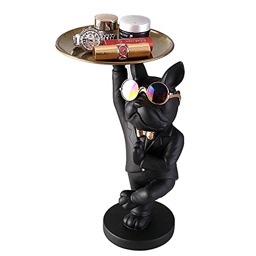 Vinbcorw Französische Bulldogge Figur mit tablett Edelstahl,Tischdekoration skulptur deko,schlüssel Schale Statue Kleinteile, Behälter, obstschale,Schlüsselbonbons Organizer,Schwarz,B von Vinbcorw