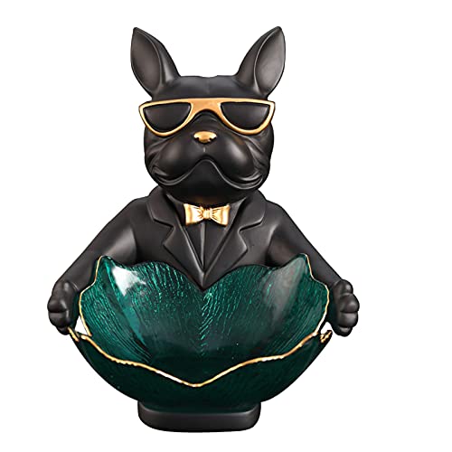 Vinbcorw Französische Bulldogge Figur mit tablett Edelstahl,Tischdekoration skulptur deko,schlüssel Schale Statue Kleinteile, Behälter, obstschale,Schlüsselbonbons Organizer,Schwarz,H von Vinbcorw