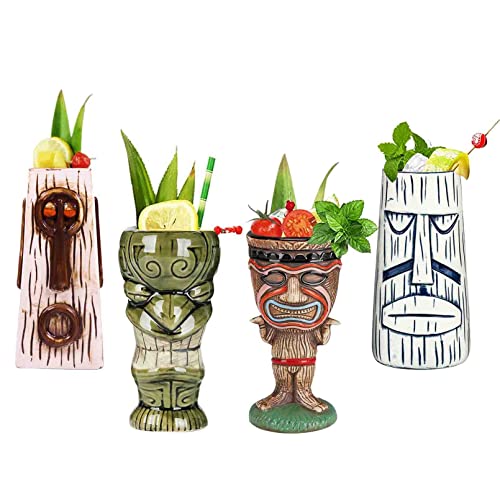 Tiki Becher -Hawaiian Dekoration - Cocktail-Set, 4 Stück, Keramik, Cocktailbecher, Tiki-Tassen, hawaiianische Party, niedliche, exotische Cocktailgläser, hawaiianische Tiki-Tasse,Q9 von Vinbcorw