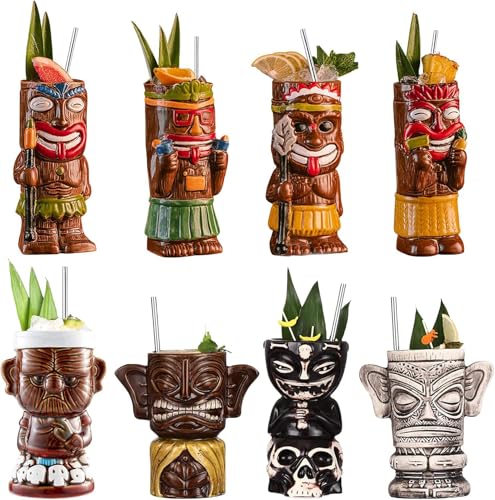 Vinbcorw Tiki-Becher-Set,4 /8Stück Tiki-Gläser für Cocktails tropischen Keramikbechern Hawaii Tiki Party Kreative Cocktail Glas Bar Drinkware Premium Tropical Exotic Barware,C von Vinbcorw