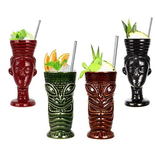 Tiki Becher -Tiki Mugs - Cocktail-Set, 4 Stück, Keramik, Cocktailbecher, Tiki-Tassen, hawaiianische Party, niedliche, exotische Cocktailgläser, hawaiianische Tiki-Tasse,Q2 von Vinbcorw