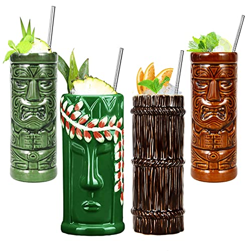 Tiki Becher -Tiki Mugs - Cocktail-Set, 4 Stück, Keramik, Cocktailbecher, Tiki-Tassen, hawaiianische Party, niedliche, exotische Cocktailgläser, hawaiianische Tiki-Tasse,Q4 von Vinbcorw