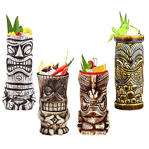 Tiki Becher -Tiki Mugs - Cocktail-Set, 4 Stück, Keramik, Cocktailbecher, Tiki-Tassen, hawaiianische Party, niedliche, exotische Cocktailgläser, hawaiianische Tiki-Tasse,Q5 von Vinbcorw