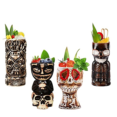 Tiki Becher -Tiki Mugs - Cocktail-Set, 4 Stück, Keramik, Cocktailbecher, Tiki-Tassen, hawaiianische Party, niedliche, exotische Cocktailgläser, hawaiianische Tiki-Tasse,Q8 von Vinbcorw