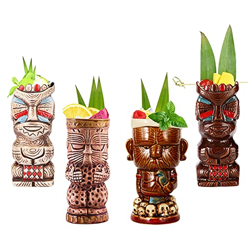 Tiki Becher -Tiki Party Dekoration - Cocktail-Set, 4 Stück, Keramik, Cocktailbecher, Tiki-Tassen, hawaiianische Party, niedliche, exotische Cocktailgläser, hawaiianische Tiki-Tasse,Q10 von Vinbcorw