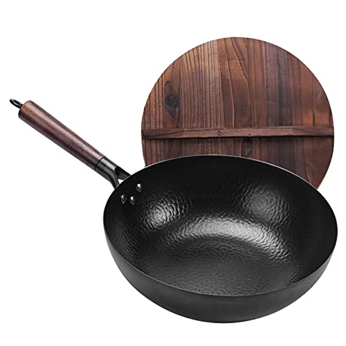 Vinbcorw Traditionelle Hand Hammered Carbon Steel Wok 12.6Inch / 32cm mit abnehmbarem Holzgriff und Holzdeckel kratzfestem, flachem Boden für Elektroherd, Induktionsherd und Gasherd,32cm von Vinbcorw