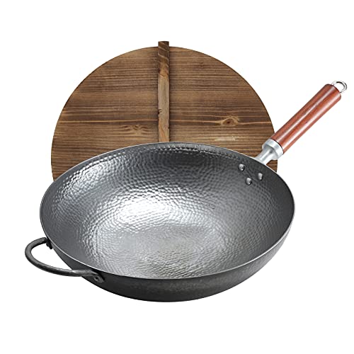 Vinbcorw Wok Pfann mit deckel Rund Wokpfanne 32/34cm Ø, Habe Ohren, Abnehmbarer Griff, Wok handgehämmert, Runder Boden Nur für Gasherde, kohlenstoffstahl wok,34CM von Vinbcorw