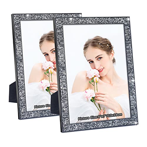 Vinelftage Crystal 12,7 x 17,8 cm Bilderrahmen, Set mit 2 Glitzer-Diamant-Spiegel-Bilderrahmen, Metallglas-Wand-Fotorahmen für Wand oder Desktop-Display (schwarz) von Vinelftage