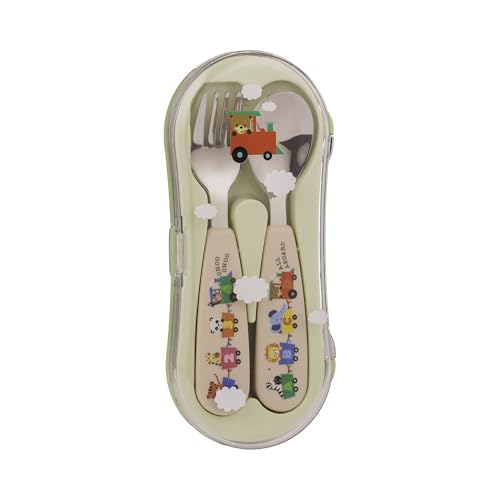 Viners 2-teiliges Reisebesteck für Kinder, Edelstahl, Gabel und Löffel mit handlichen Griffen und Tragetasche, niedliches Tierzug-Design, ideal für Lunchboxen und unterwegs von Viners
