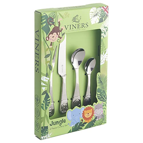 Viners Jungle Kinder Besteck-Set | Kinderbesteck hochglanzpoliertes Besteck in Geschenkbox mit 25 Jahren Garantie | für Kinder 1-5 Jahre | 18/0 Edelstahl, 4-teilig von Viners