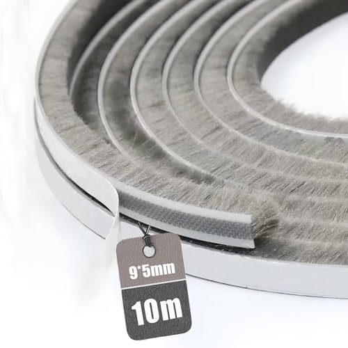 Vingspina Bürstendichtung Dichtungsbürste selbstklebend 9mm(W) x 9mm(D) x 10M(L), Bürstendichtung für Rolladen, Tür, Fenster, Schiebetür, Kleiderschränk Insektenschutz, Staub- und Lärm, Grau von Vingspina
