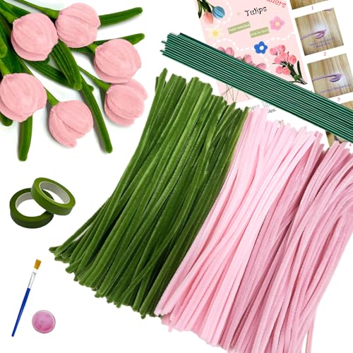 Vingspina 8mm Pfeifenreiniger zum Basteln Set, 300 Stück in 3 Farben, Rosa Tulip Bouquet Pfeifenreiniger Set, Lieferung mit 20 Stück Grünem Basteldraht, Färbepulver und Klebeband, pipe cleaners von Vingspina
