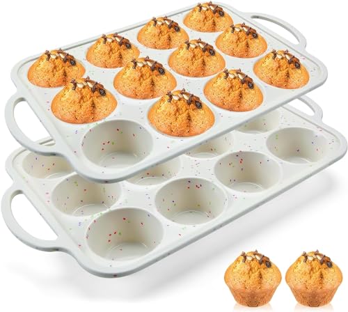 Vinino Kleine Silikon-Muffinformen mit metallverstärktem Rahmen, 12 Mulden, leicht zu lösen, BPA-freies Silikon-Muffinblech, Cupcake-Backform für Backofen, spülmaschinenfest, 2 Stück von Vinino