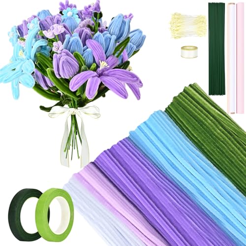 Vinitoy 400 Stück Pfeifenreiniger Blumen, 30cm Chenilledraht Pfeifenputzer zum basteln für Blumenstrauß DIY Basteln, Violett von Vinitoy