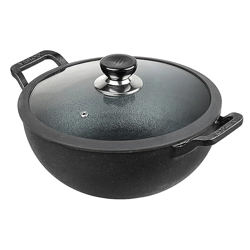 Vinod Antihaftbeschichteter Wok mit Deckel, Induktionsherd, tiefer Rühr, Gusseisen, Kadai-Pfanne mit Deckel, 24 cm, 3,3 Liter von Vinod