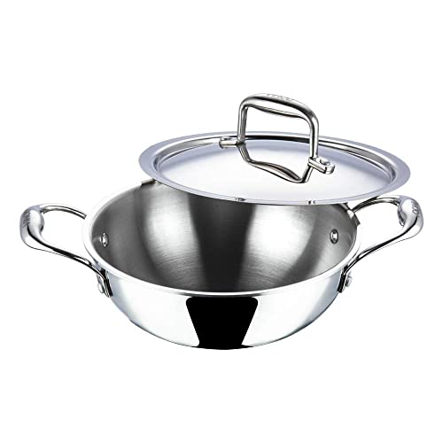 Vinod Platinum Induction Kadai Wok-Stielkasserolle aus Edelstahl, dreilagig, extra tief, Größe: 22 cm, extra tief mit Edelstahldeckel – 2,4 l von Vinod