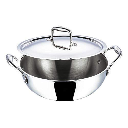 Vinod Platinum Induction Kadai Wok-Stielkasserolle aus Edelstahl, dreilagig, extra tief, Größe: 26 cm, extra tief mit Edelstahldeckel – 4,1 Liter von Vinod