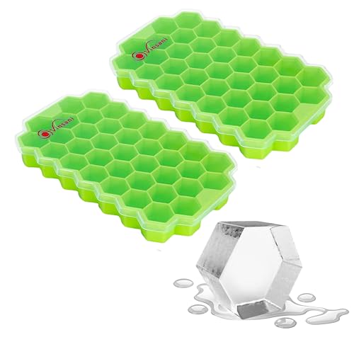 Vinsani 2er Pack Eiswürfelform Hexagon Tray mit transparentem abnehmbarem Deckel Leicht Release Silikon Flexible Eiswürfelformen LFGB Zertifiziert und BPA Frei Stapelbar Langlebig - Grün von Vinsani