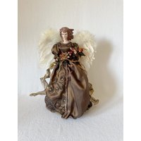 Vintage Santa's Workshop Weihnachtsengel Baumspitze, Braun/Bronze Engel Baumspitze Dekoration Mit Federflügeln, Freistehende Engelspuppe von VinsarStudios