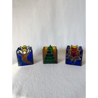 Vintage Style Bleihaltiges Buntglas Weihnachtskerzenhalter 3Er-Set, Teelichtkerzenhalter, Kerzenlicht, Weihnachtsdekor, Buntes Glas von VinsarStudios
