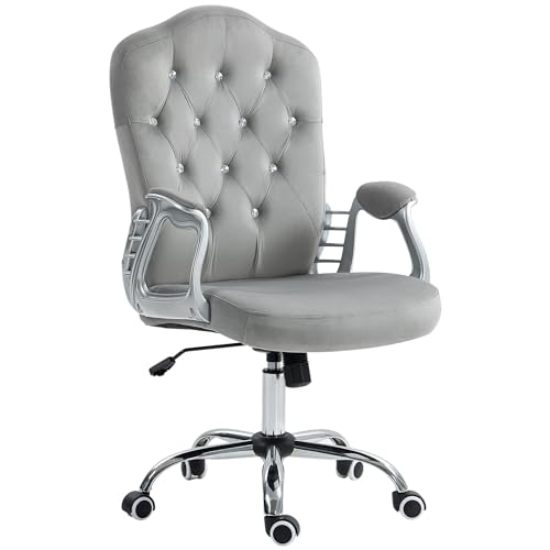HOMCOM Bürostuhl, Ergonomisch Schreibtischstuhl mit Wippfunktion, Drehfunktion, Höhenverstellbar Computerstuhl mit funkelnden Kristallknöpfen, Samtoptik, für Home Office, Grau von Vinsetto