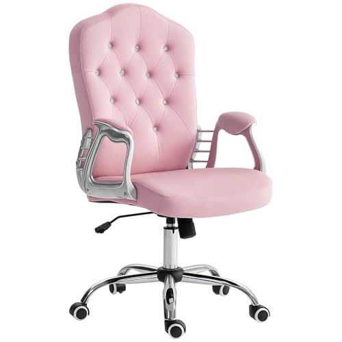 HOMCOM Bürostuhl, Ergonomisch Schreibtischstuhl mit Wippfunktion, Drehfunktion, Höhenverstellbar Computerstuhl mit funkelnden Kristallknöpfen, Samtoptik, für Home Office, Rosa von Vinsetto