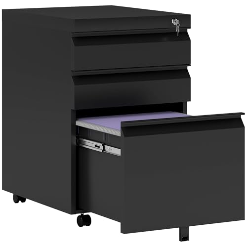 HOMCOM Rollcontainer mit 3 Schubladen mobiler Aktenschrank mit Rollen abschließbar Büroschrank mit konkavem Griff, Schubladenschrank für Büro, Homeoffice, 39 x 48 x 60 cm, Schwarz von Vinsetto