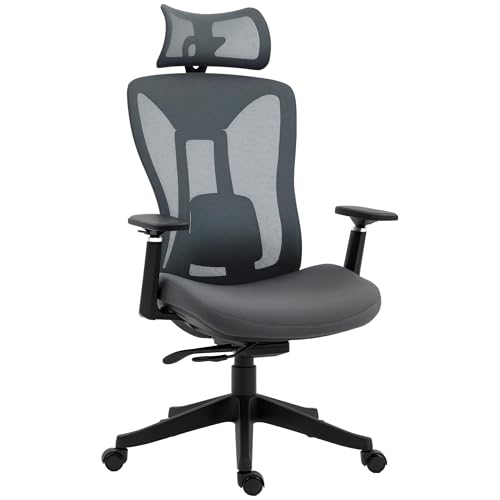 Vinsetto Bürostuhl, Ergonomischer Schreibtischstuhl, Computerstuhl mit Liegefunktion, PC Stuhl mit Verstellbarem Kopfkissen, Drehstuhl für Arbeitszimmer, Mesh, Grau von Vinsetto
