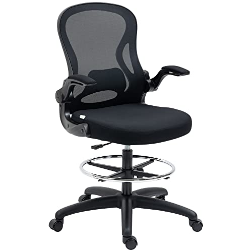 Vinsetto Bürostuhl, Ergonomischer Zeichenstuhl mit verstellbarem Fußring, Drehstuhl, 102-122 cm Höhenverstellbarer Arbeitsstuhl mit Rollen und Lendenwirbelstütze, Schwarz von Vinsetto