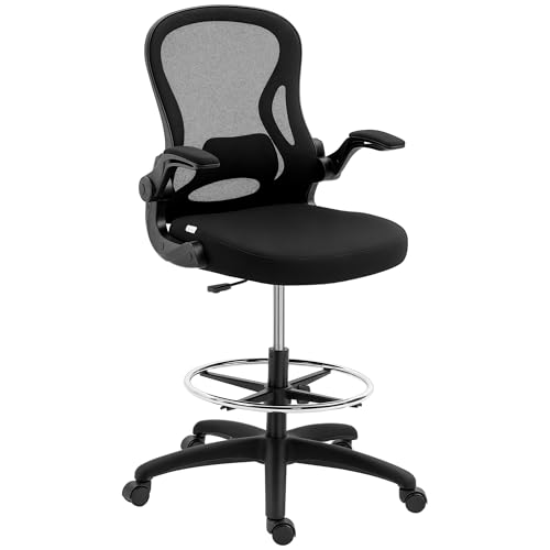 Vinsetto Bürostuhl, Ergonomischer Zeichenstuhl mit verstellbarem Fußring, Drehstuhl, 102-122 cm Höhenverstellbarer Arbeitsstuhl mit Rollen und Lendenwirbelstütze, Schwarz von Vinsetto