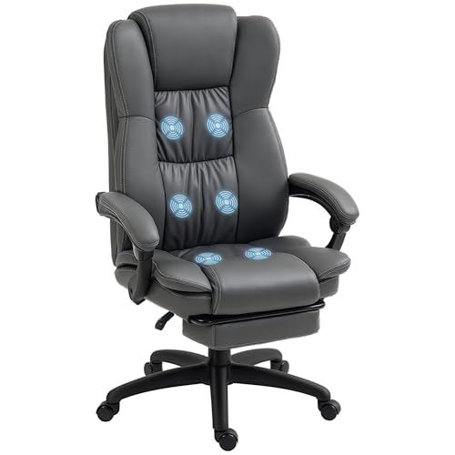 Vinsetto Bürostuhl mit Massagefunktion Ergonomischer Chefsessel mit Liegefunktion, Fußstütze Höhenverstellbar 360° Drehbar Computerstuhl mit Fernbedienung, Kunstleder, Dunkelgrau von Vinsetto