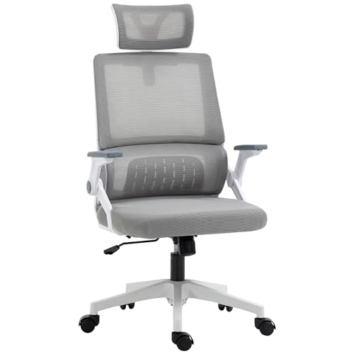 Vinsetto Bürostuhl Ergonomisch, Schreibtischstuhl mit Verstellbar Kopfstütze, Armlehne höhenverstellbar Computerstuhl Drehstuhl mit Wippfunktion, Lendenstütze, Mesh, Grau von Vinsetto