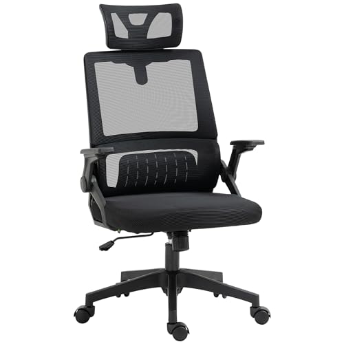 Vinsetto Bürostuhl Ergonomisch, Schreibtischstuhl mit Verstellbar Kopfstütze, Armlehne höhenverstellbar Computerstuhl Drehstuhl mit Wippfunktion, Lendenstütze, Mesh, Schwarz von Vinsetto