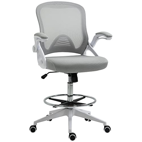 Vinsetto Bürostuhl Ergonomischer Schreibtischstuhl mit Hochklappbaren Armlehnen und Verstellbarer Fußring, Höhenverstellbarer Drehstuhl Zeichenstuhl mit Wippfunktion, Netzbespannung Hellgrau von Vinsetto