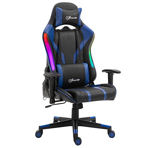 Vinsetto Bürostuhl LED Gaming Stuhl mit Armlehne, hoher Rückenlehne und Kissen ergonomischer Drehstuhl mit Liegefunktion Handlauf anhebbar Kunstleder Nylon Schwarz+Blau 70 x 57,5 x 126-136 cm von Vinsetto