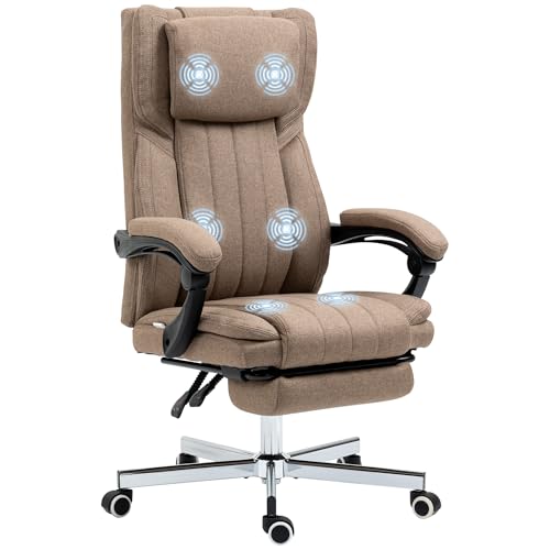 Vinsetto Bürostuhl mit Massagefunktion, Schreibtischstuhl Ergonomischer Computerstuhl mit Liegefunktion, Höhenverstellbarer Drehstuhl mit Leinenoptik, Fußstütze, Braun von Vinsetto