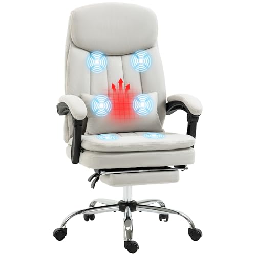Vinsetto Bürostuhl mit Massagefunktion, Ergonomisch Schreibtischstuhl mit Liegefunktion, Vibrationsmassage, Höhenverstellbar Computerstuhl mit Lendenkissen, Fußstütze, Drehbar, Cremeweiß von Vinsetto