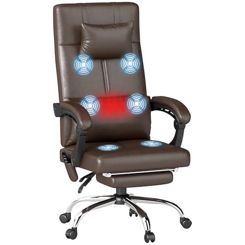 Vinsetto Bürostuhl mit Massagefunktion, Ergonomischer Chefsessel mit Heizung, Liegefunktion, Lendenwirbelstütze und Kopfkissen, Höhenverstellbarer Drehstuhl mit Wippfunktion, Fußstütze, Kaffee von Vinsetto