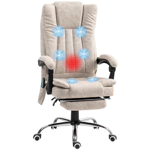 Vinsetto Bürostuhl mit Massagefunktion, Ergonomischer Schreibtischstuhl mit Heizfunktion, Liegefunktion, Höhenverstellbarer Drehstuhl mit Fußstütze, Seitentasche, Cremeweiß von Vinsetto