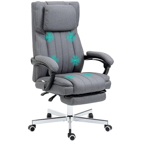 Vinsetto Bürostuhl mit Massagefunktion, Schreibtischstuhl Ergonomischer Computerstuhl mit Liegefunktion, Höhenverstellbarer Drehstuhl mit Leinenoptik, Fußstütze, Grau von Vinsetto