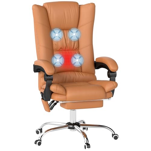Vinsetto Bürostuhl mit Vibrationsmassage Ergonomischer Chefsessel mit Lendenwärmer, Liegefunktion, Fußstütze, Höhenverstellbar Schreibtischstuhl aus Kunstleder, Drehstuhl mit Seitentasche, Hellbraun von Vinsetto